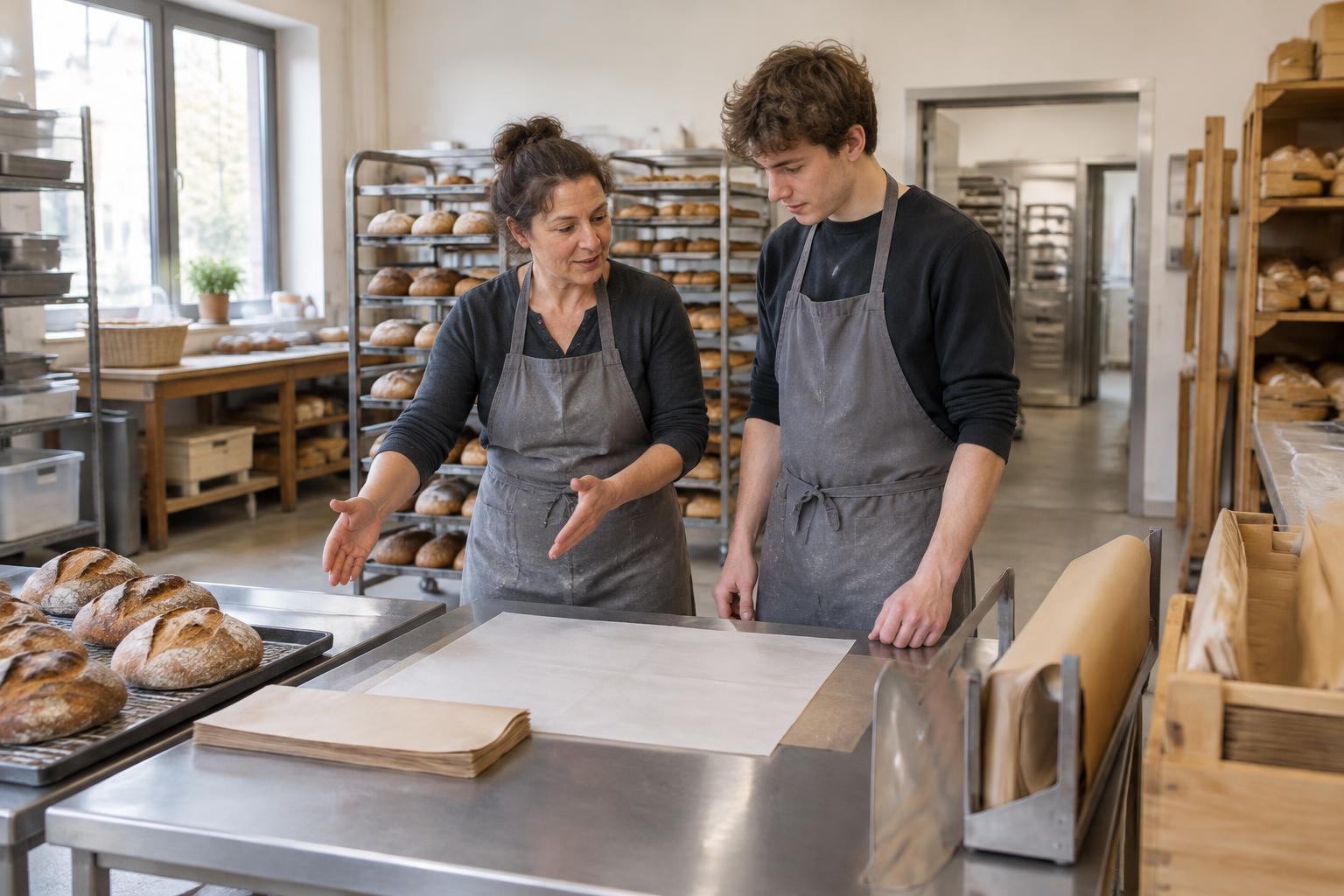 Eine neue Kraft erhält eine Einweisung an einer Arbeitsstation im Bäckereibetrieb.